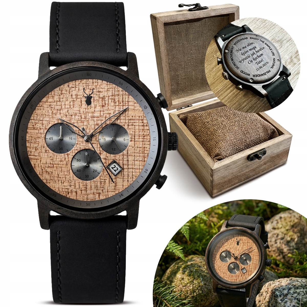 Pánské Hodinky Woodwear Kožený Pásek Dřevo Chronograf Krabička