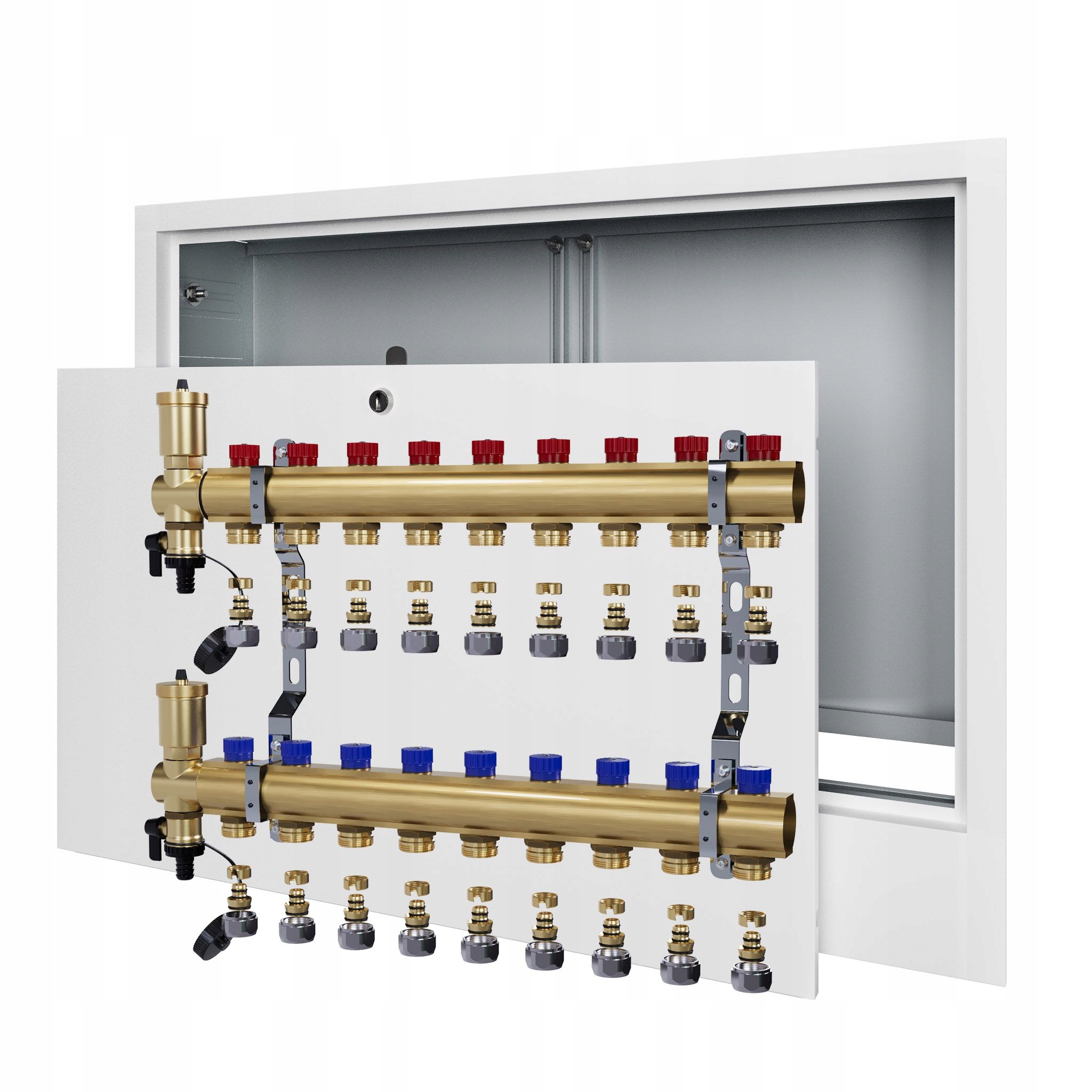Manuální rozdělovač pro 9 radiátorových topení podomítková skříňka+Pex