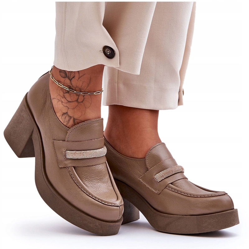 Dámské Kožené Polobotky Na Podpatku Tmavě Béžové 40