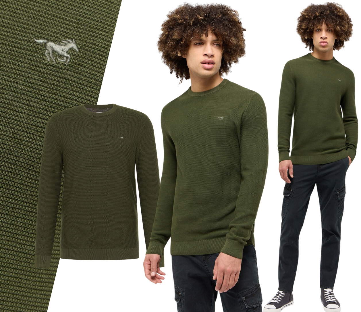 Pánský svetr Zelený Mustang Bavlna Kulatý výstřih Elliot s logem vel. XL