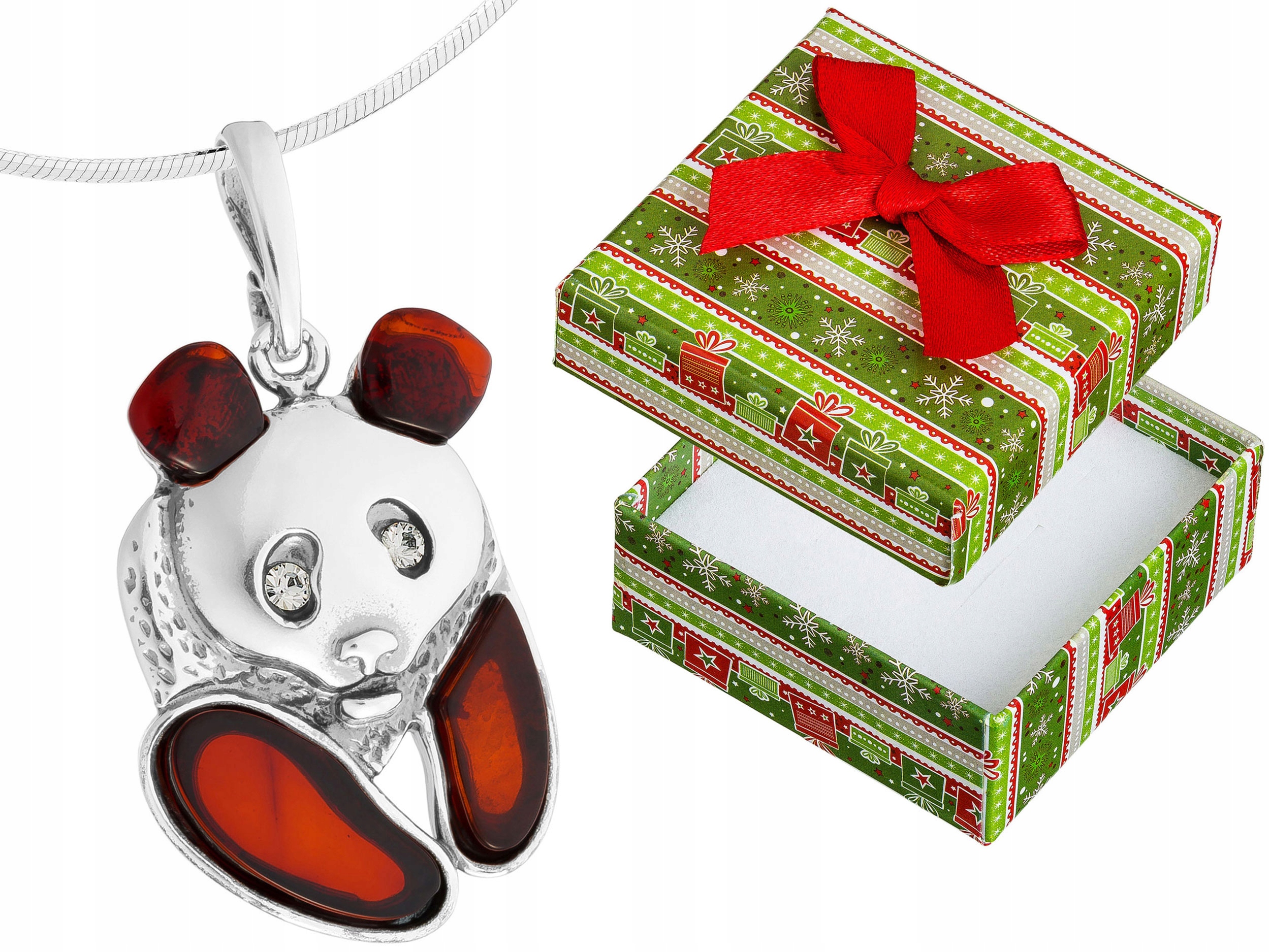 Velký stříbrný náhrdelník s medvídkem Panda Zirkony Jantar Krátký Choker 40 cm