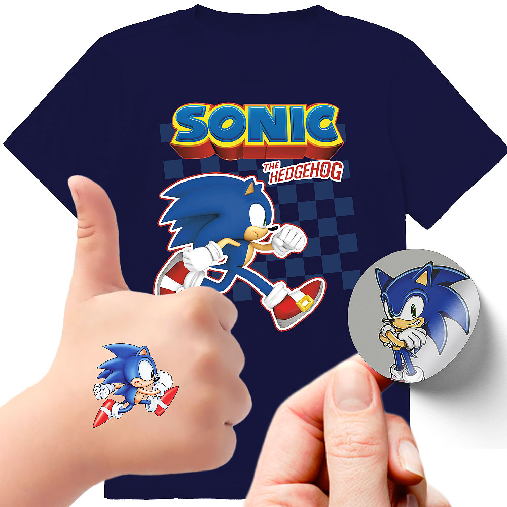 ZESTAW 3W1 KOSZULKA DLA DZIECI TATUAŻE NAKLEJKI SONIC 128 JAKOŚĆ