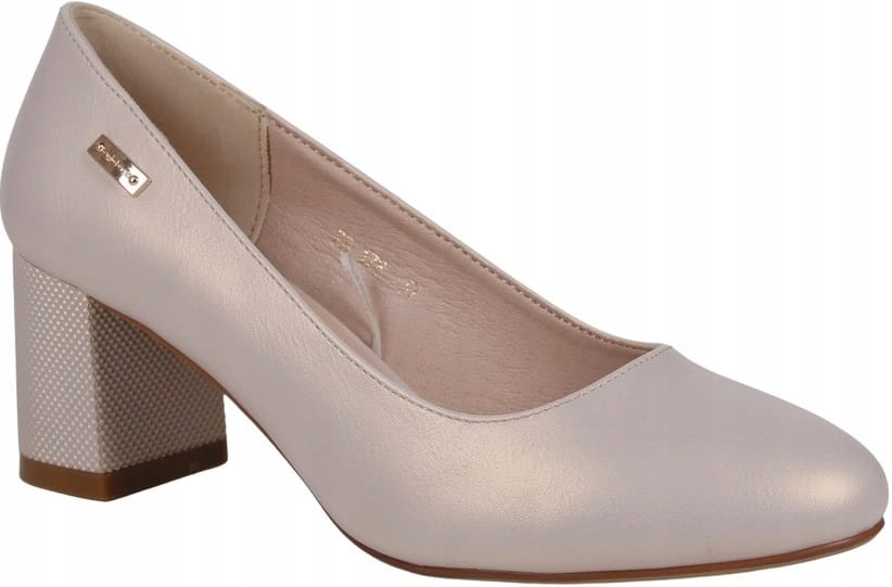 DAMSKIE CZÓŁENKA BUTY NA SŁUPKU BEŻOWE PERŁOWE OZDOBNY OBCAS Kolor beżowy