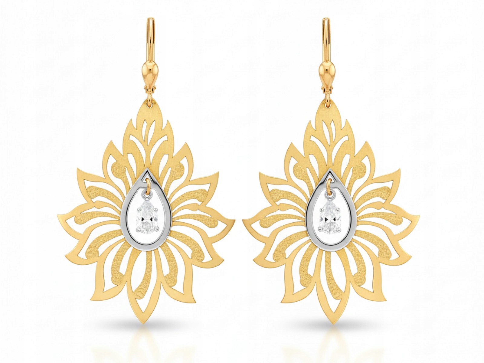 Náušnice zlaté 585 velké módní závěsné ažurové květiny s bílou zirkonií