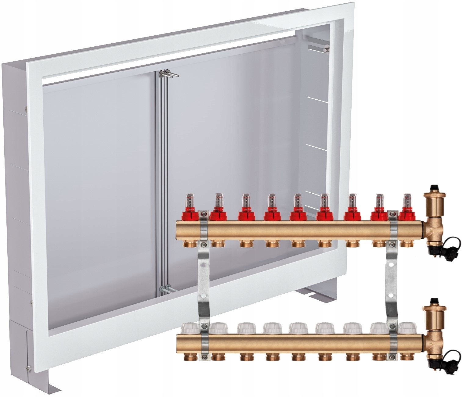 Mosazný rozdělovač pro podlahové topení 9 sekcí Podomítková Skříňka