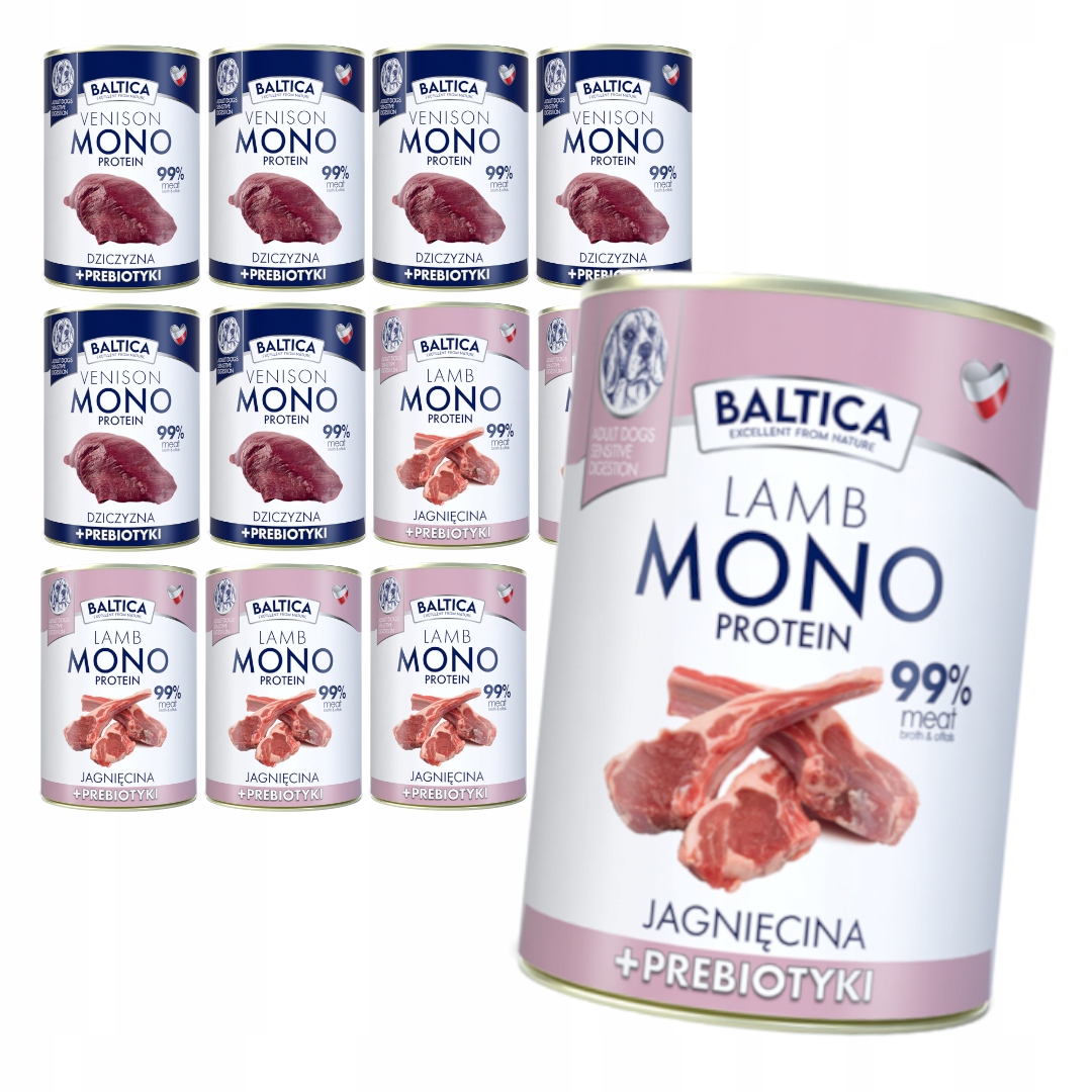 Levně Baltica Monoprotein 12x400g Vlhké Krmivo pro psy s prebiotiky Mix 2 příchutí