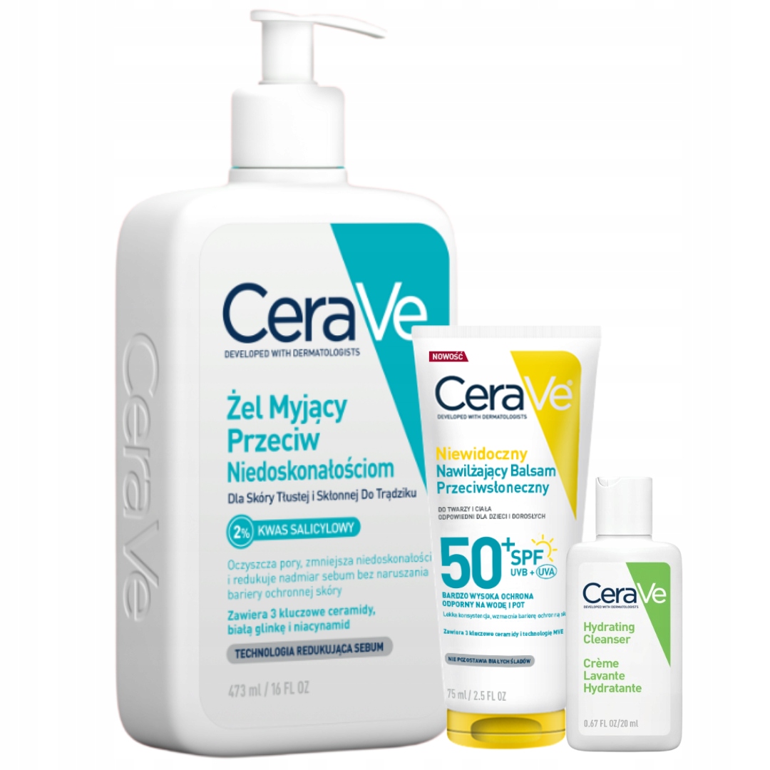 CeraVe Żel myjący przeciw niedoskonałościom, balsam przeciwsłoneczny SPF50+