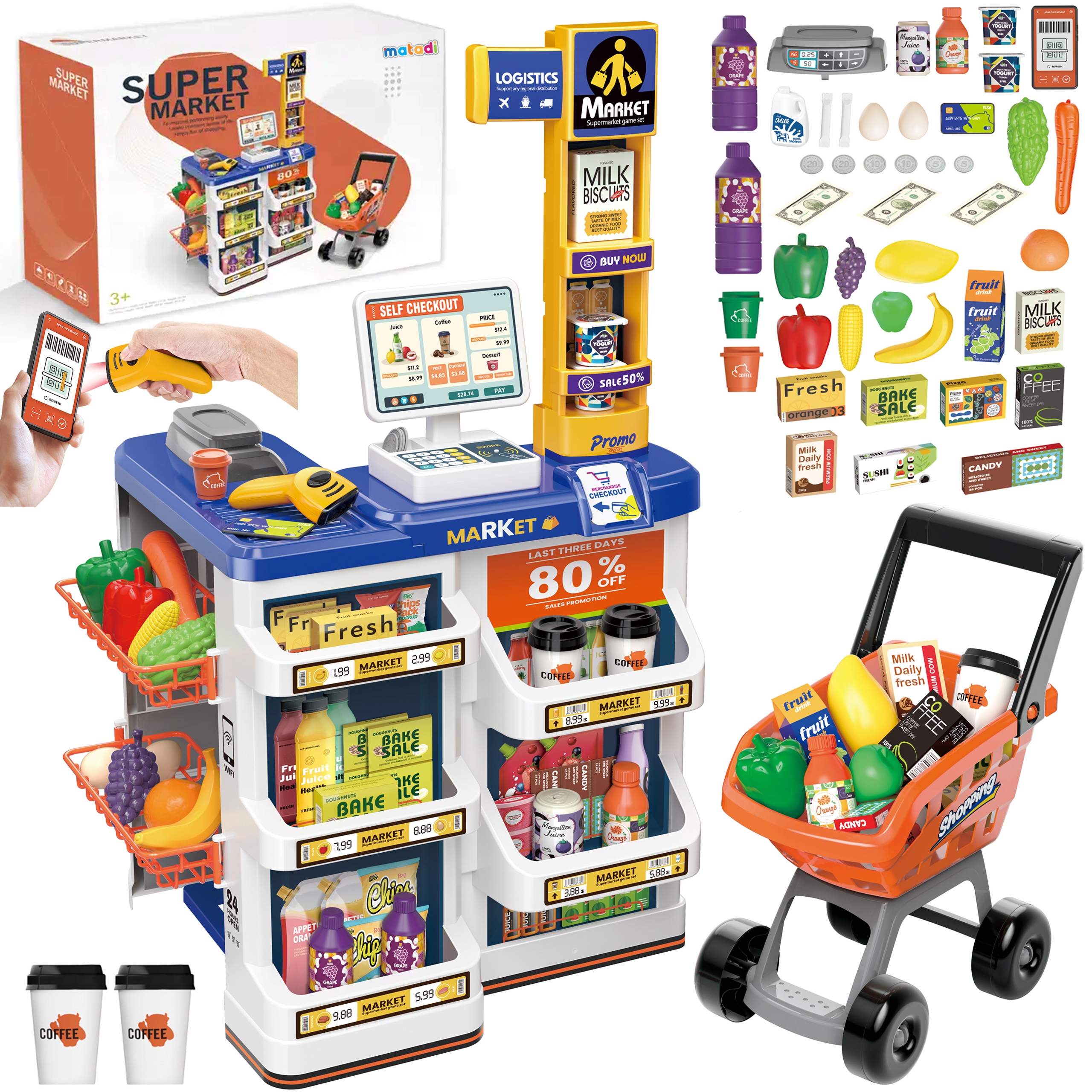 SUPERMARKET SKLEP DLA DZIECI STRAGAN KASA WAGA KOSZYK WÓZEK SMARTFON MATADI