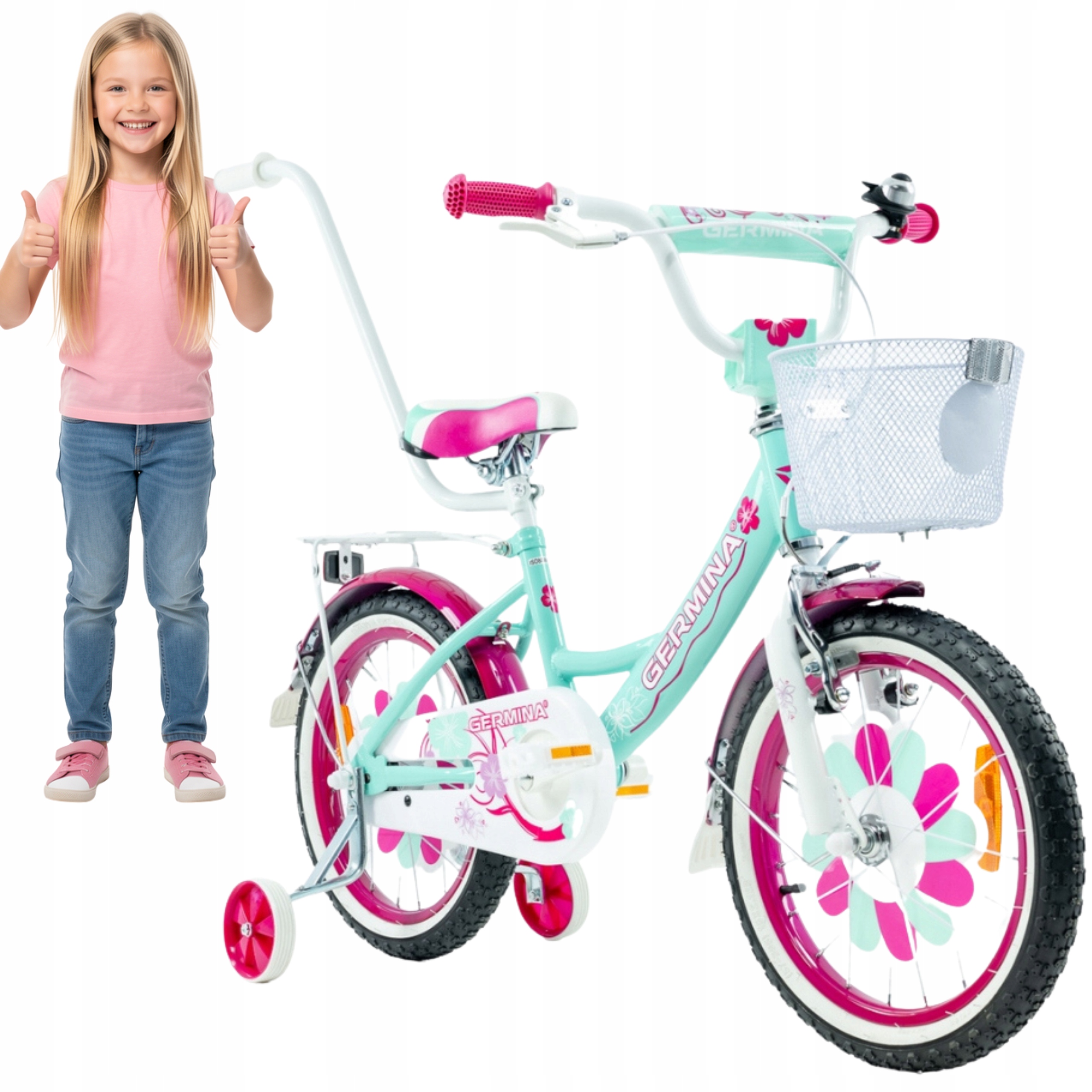 Rower dziecięcy 16 Germina Bmx rowerek dla dziewczynki różowy +koszyk kółka