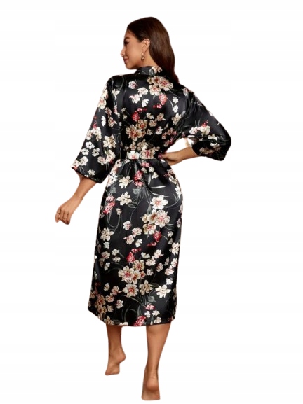 Dlouhý Župan Ze Saténu, Elegantní Černý Župan, Květiny, Satén