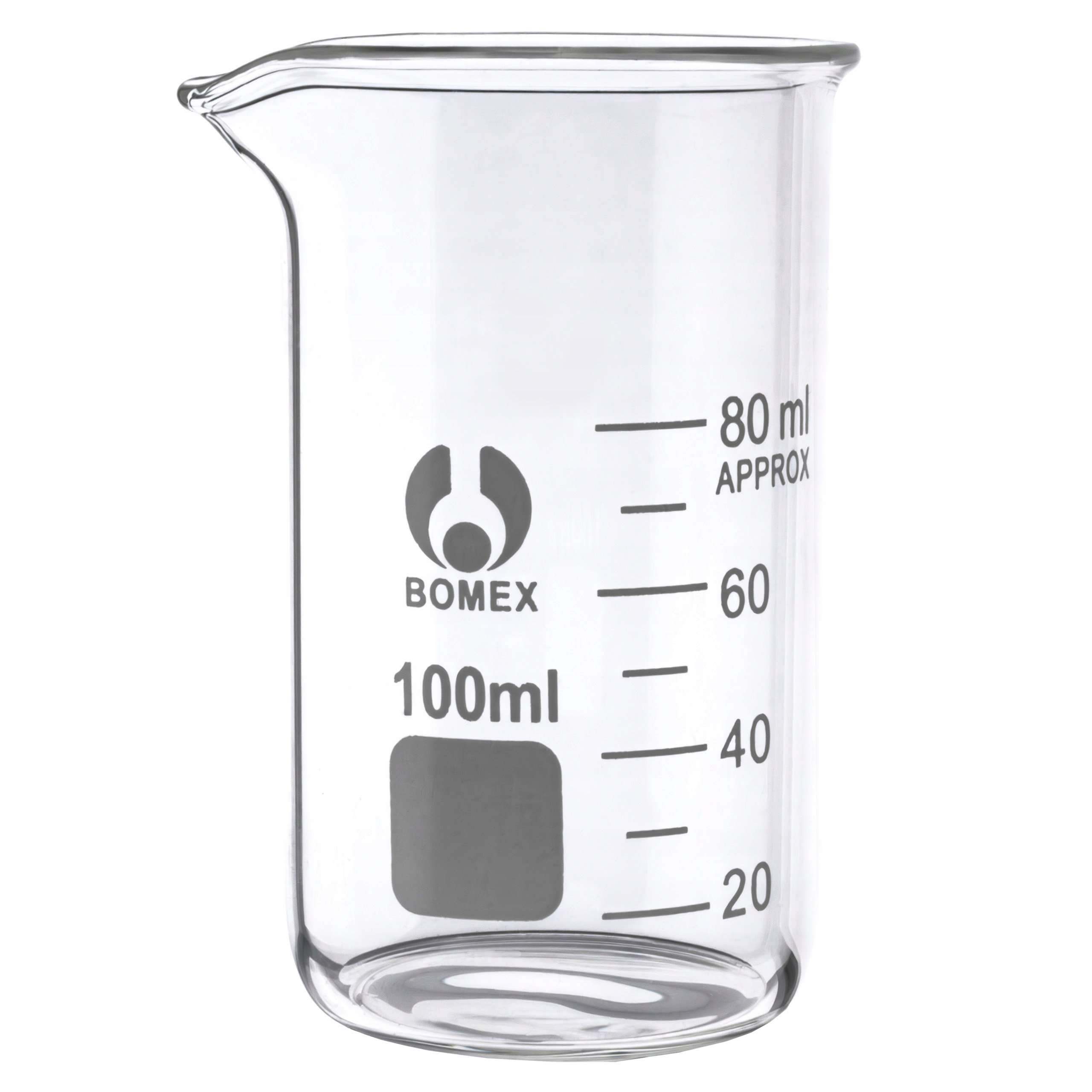 Zlewka szklana z wylewem wysoka 100 ml szkło Boro 3.3 malowana skala Bomex