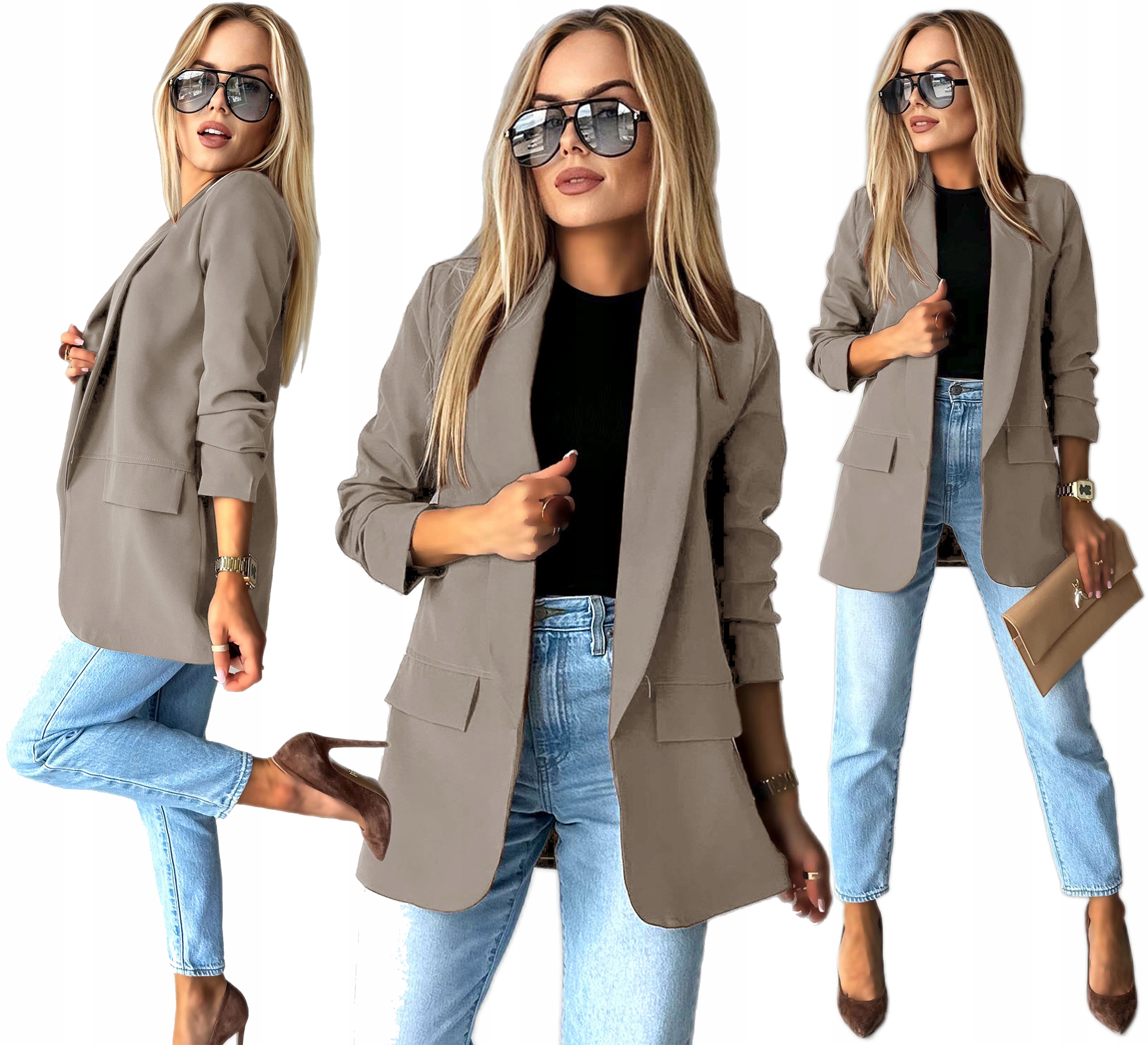 Taupe Marynarka Damska Żakiet drapowane rękawy podszewka 44