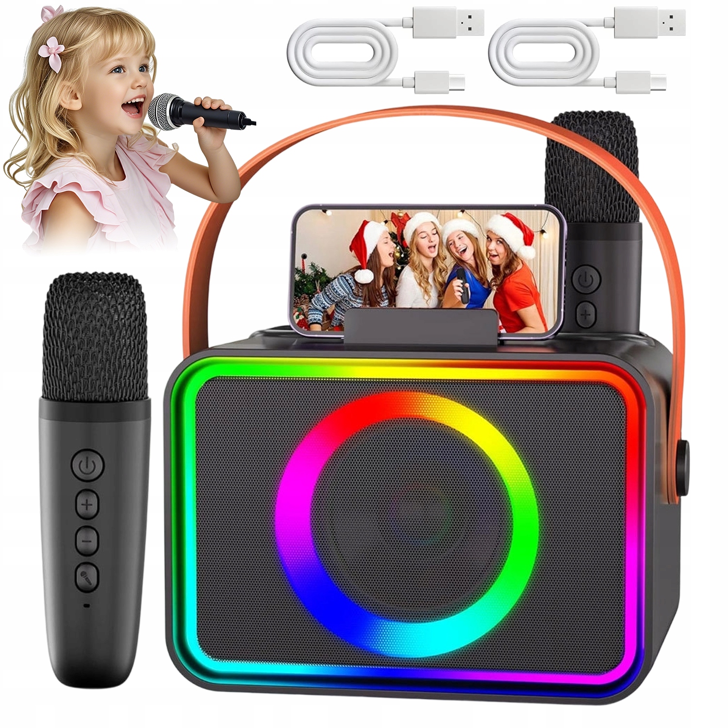 Přenosný Karaoke Set 2 Mikrofony 3 Světelné Režimy Stereo Zvuk 360°