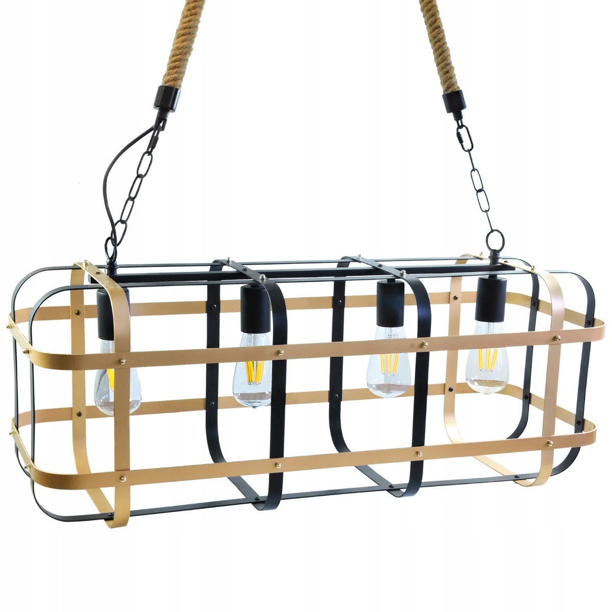 Závěsná lampa černá zlatá klec jutová šňůra retro na řetězu 4 body Polux