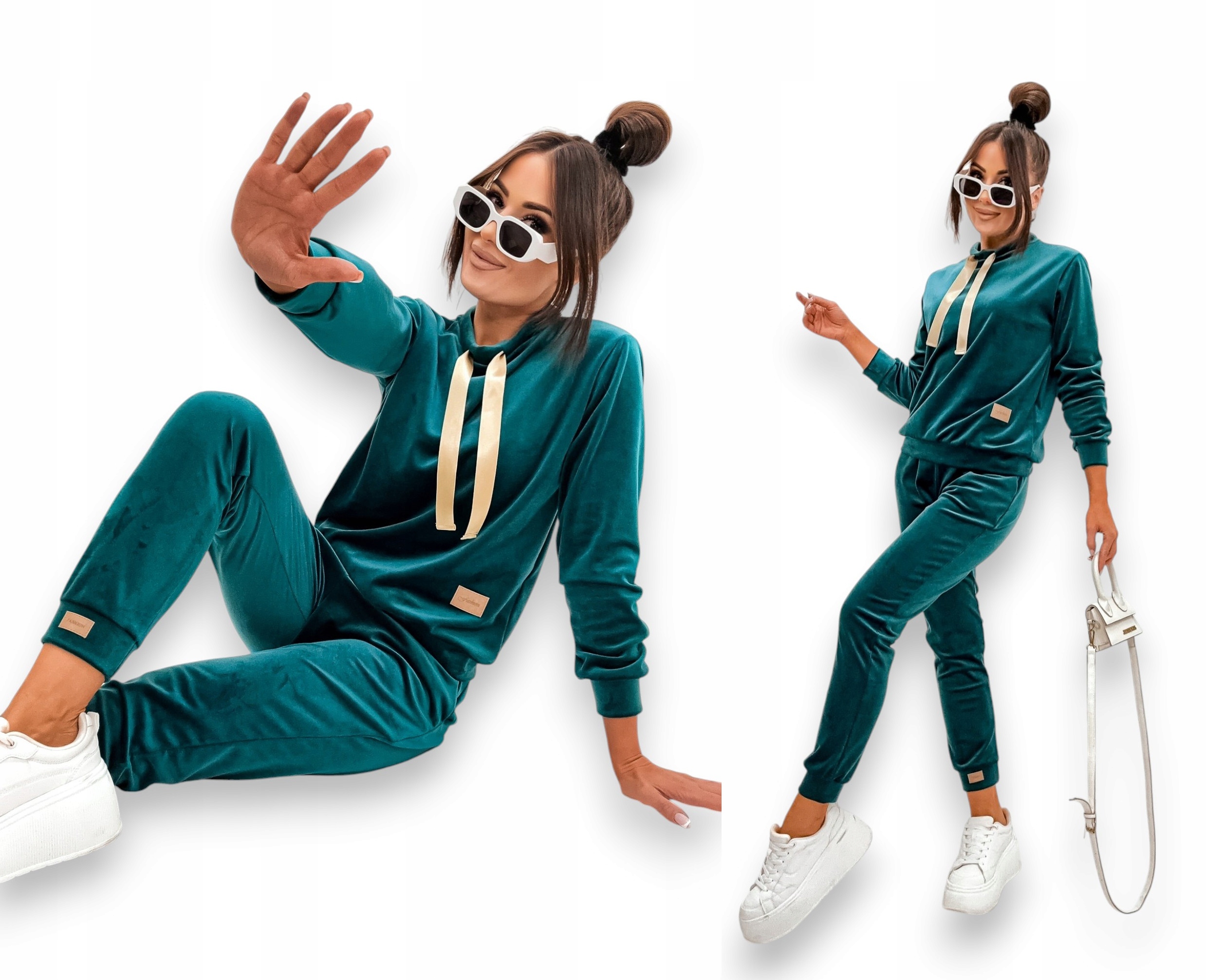 Welurowy Dres Damski Butelka Stójka Złote Detale Komplet Gloria M