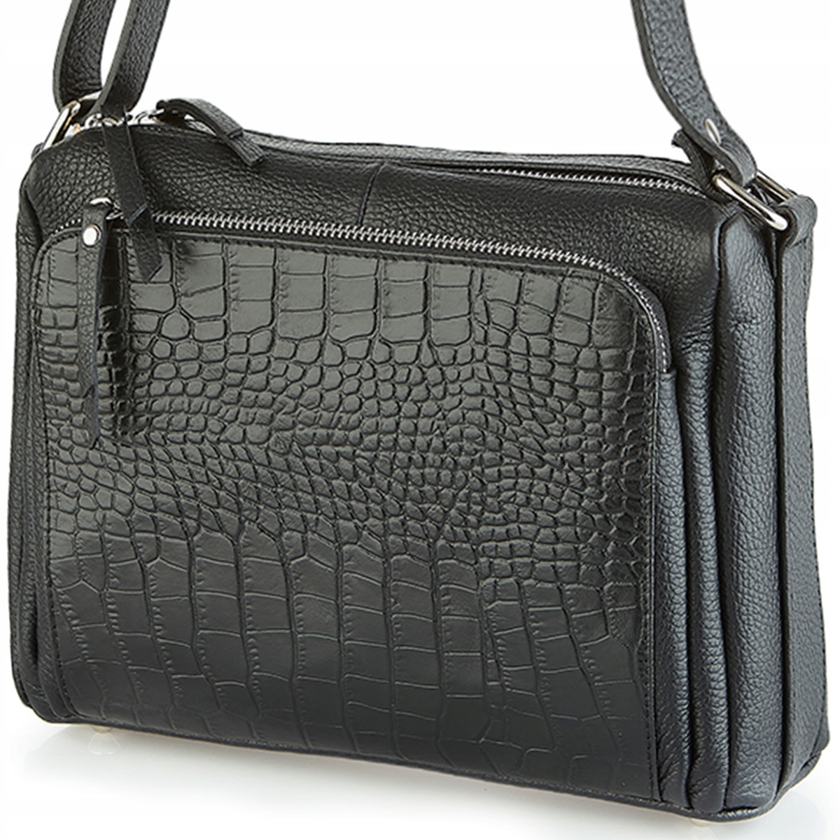 Torebka listonoszka dwie komory Vera Pelle Czarna Krokodyl skóra naturalna