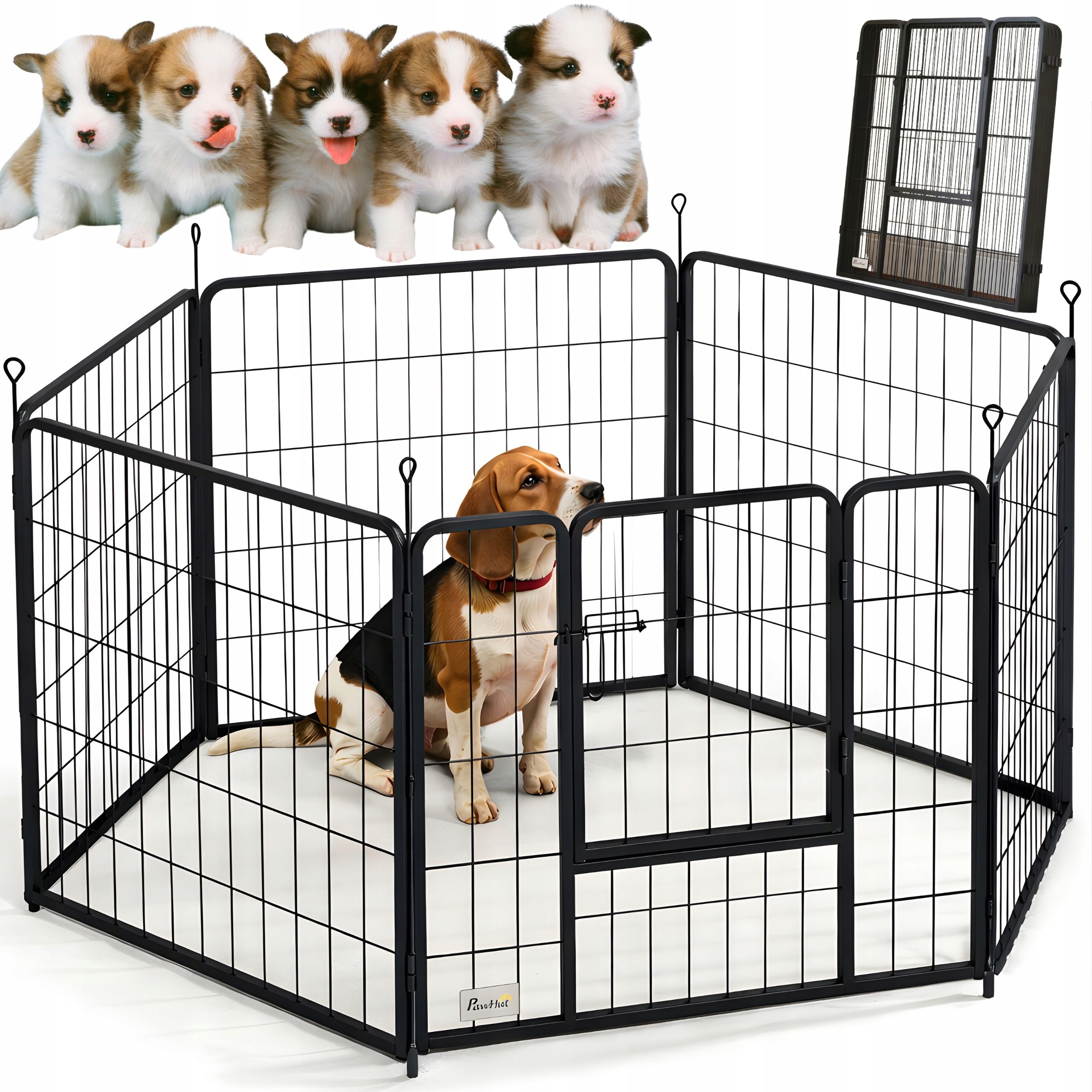 Levně Kotec Výběh pro psa PawHut Kovová Skládací 6 panelů 160x80x80 s dveřmi