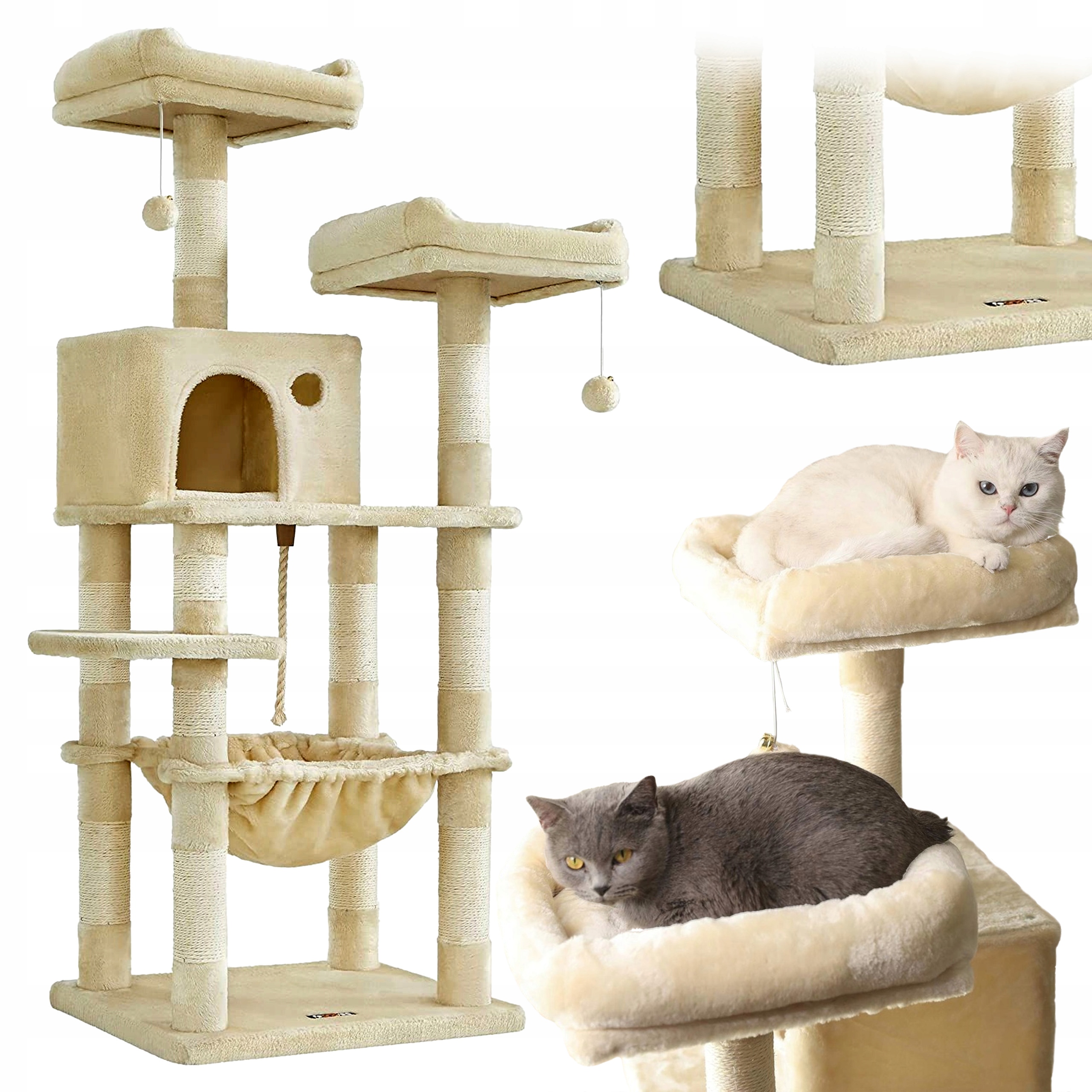Solidní škrabadlo domeček pro kočky věž pelíšek jeskyně sloupky sisal béžová