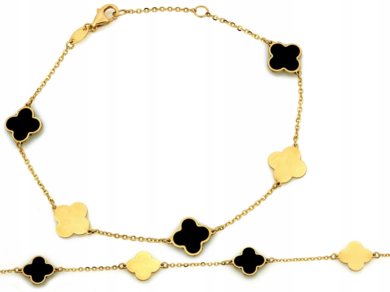 Zlatý řetízkový náramek 585 s květinami a černým smaltem 18 cm 1.86 g