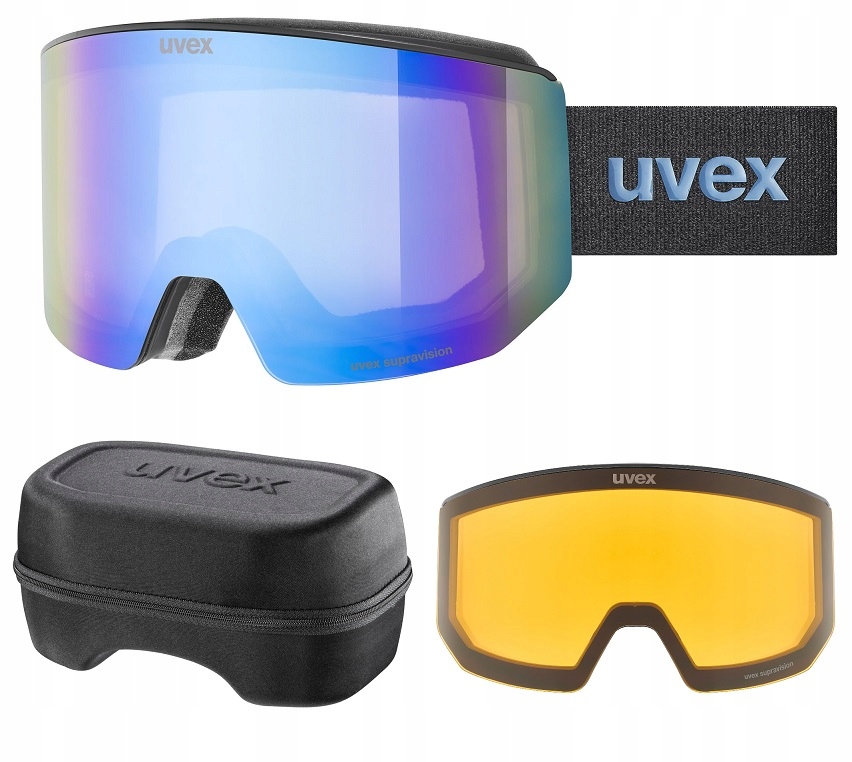 Lyžařské brýle Uvex Lace Attract černé, magnetické sklo modré S2 a oranžové S1 pouzdro