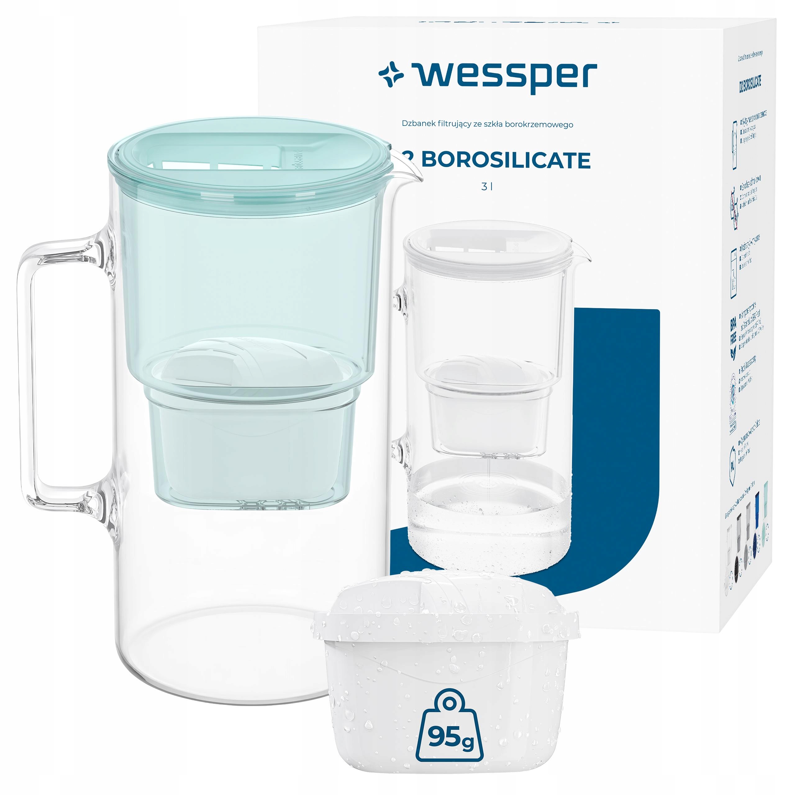 Filtrační konvice skleněná Wessper D2 Borosilicate 3 l 2x filtr na vodu