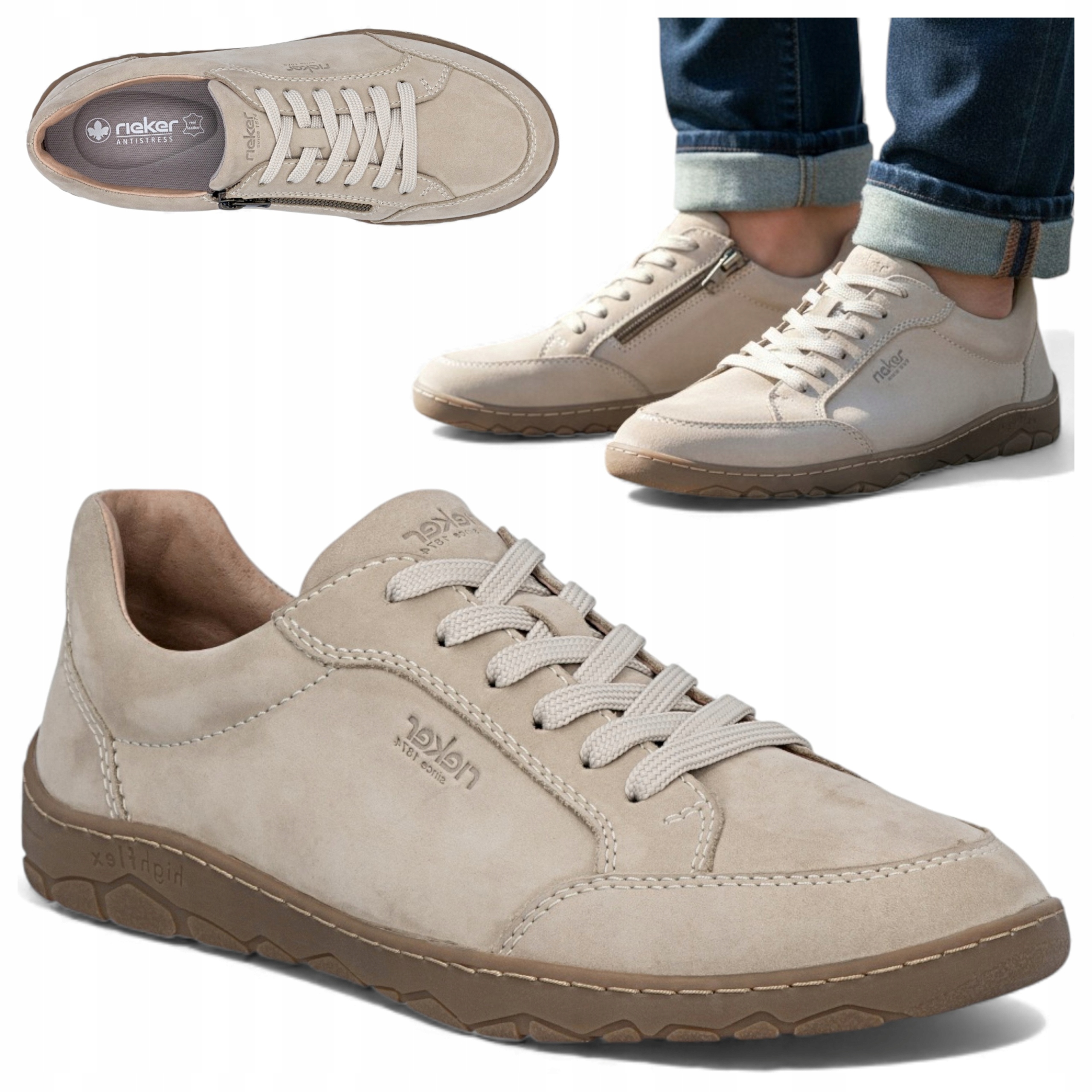Pánské kožené polobotky 43 Rieker Vázané Jarní Sportovní Pohodlné Béžové