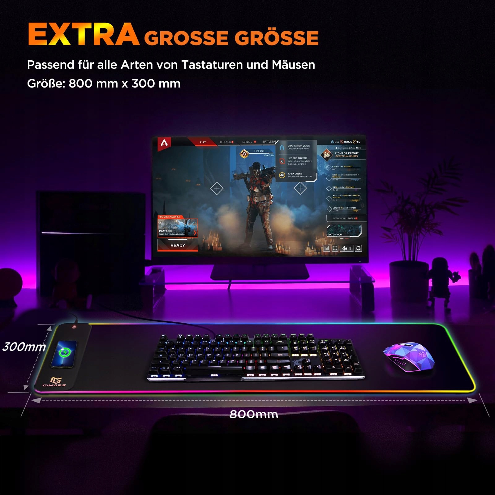 GIMARS Podkładka Gamingowa RGB XXL 800x300x5mm Bezprzewodowe Ładowanie 15W — miniatura 7
