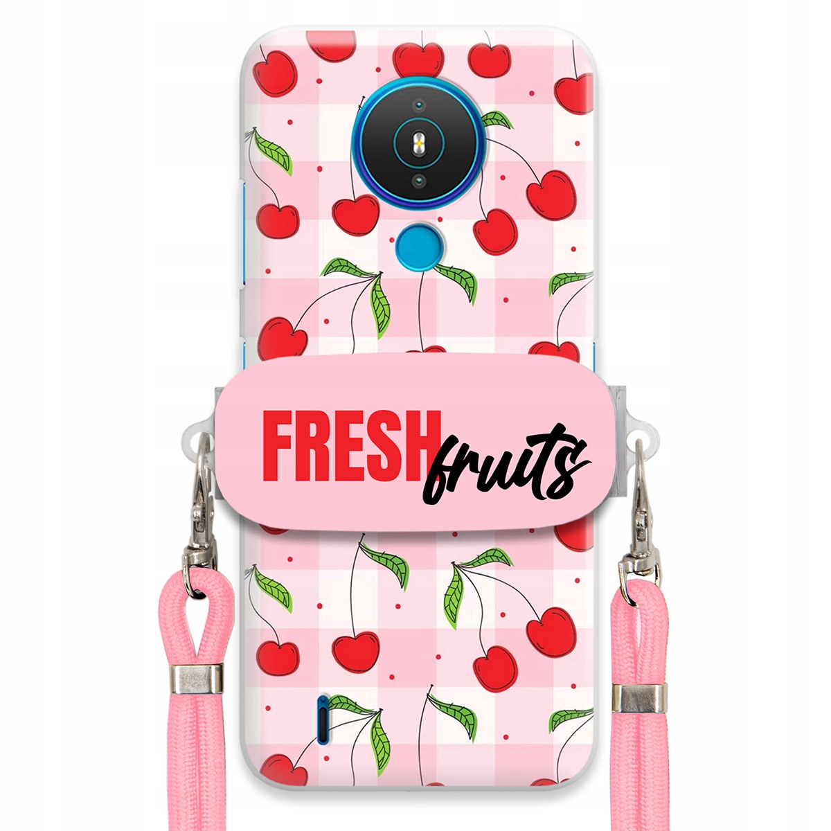 Pouzdro pro Nokia 1.4 Case Držák Šňůrka Růžová Fresh Fruits Mřížka Ovoce