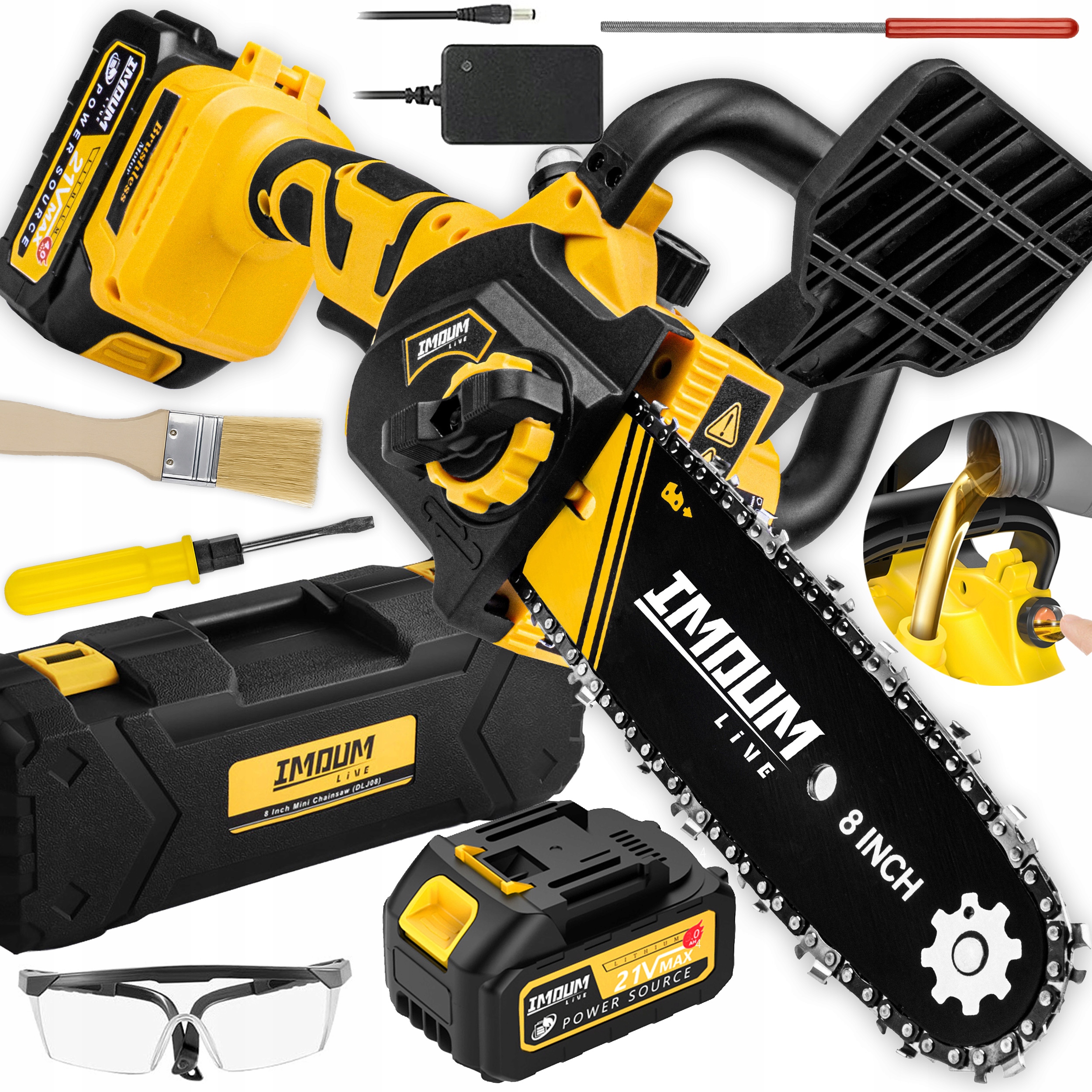 Mini Piła Łańcuchowa Akumulatorowa Pilarka 8" Dwa Akumulatory Zestaw Imoum