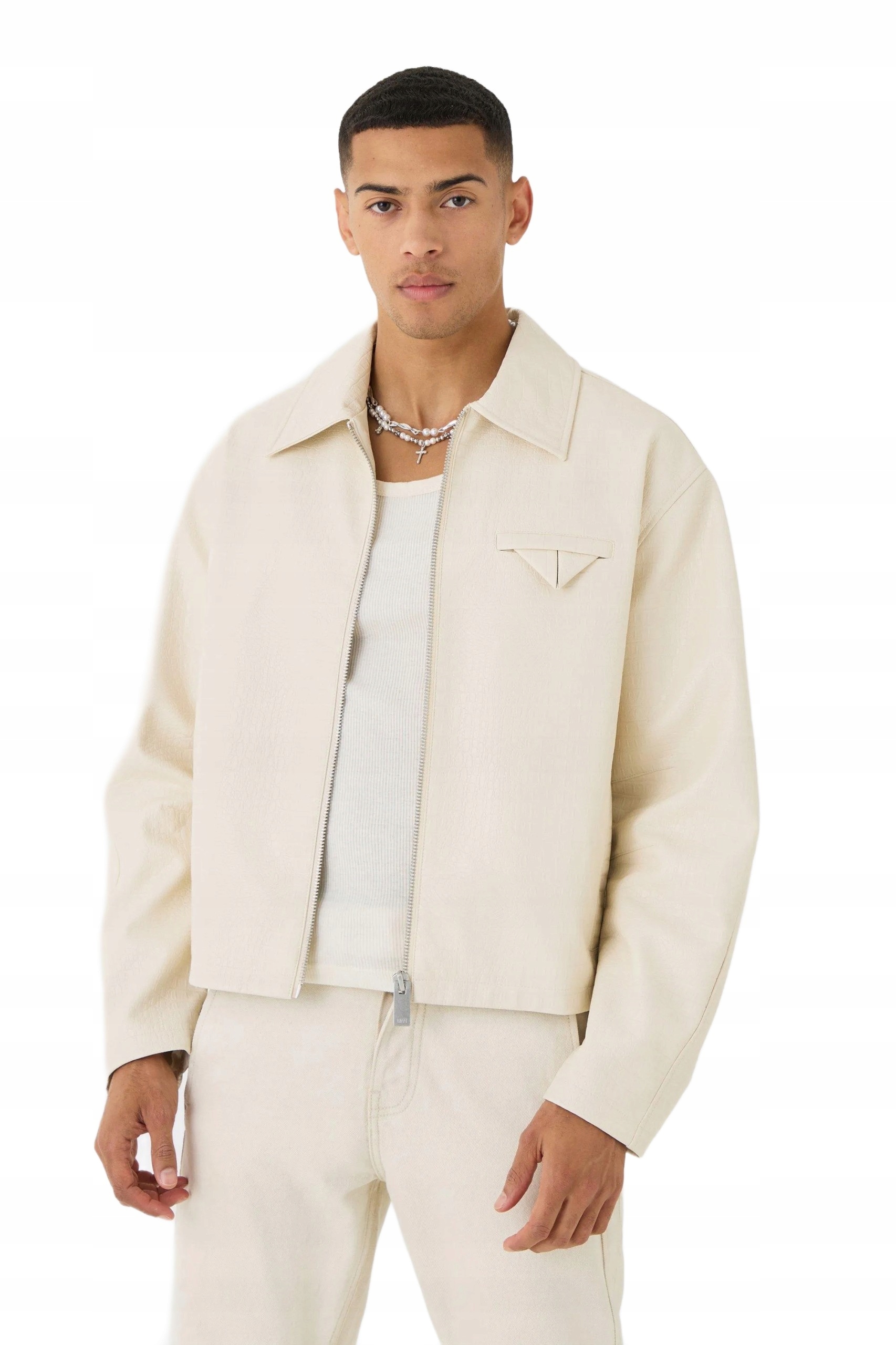 Boohooman Krémová Jednořadá Pánská Bunda Se Zipem A Klopou XL Z3A