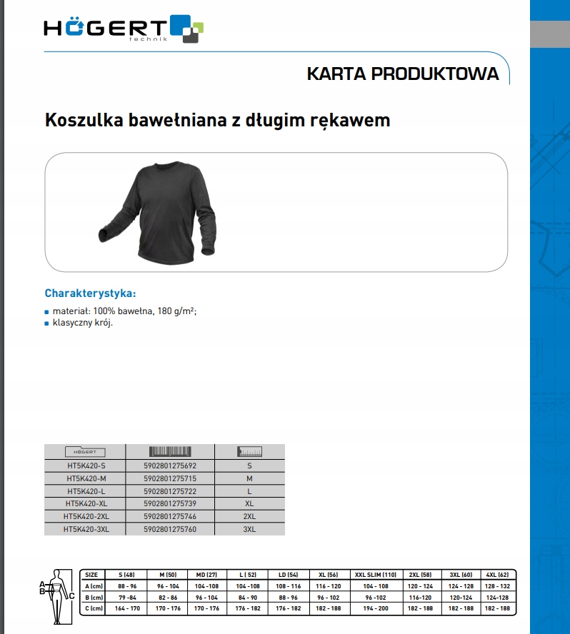 HOGERT WYSOKIEJ JAKOŚCI KOSZULKA BAWEŁNIANA MĘSKA Z DŁUGIM RĘKAWEM 2XL XXL Rodzaj t-shirt