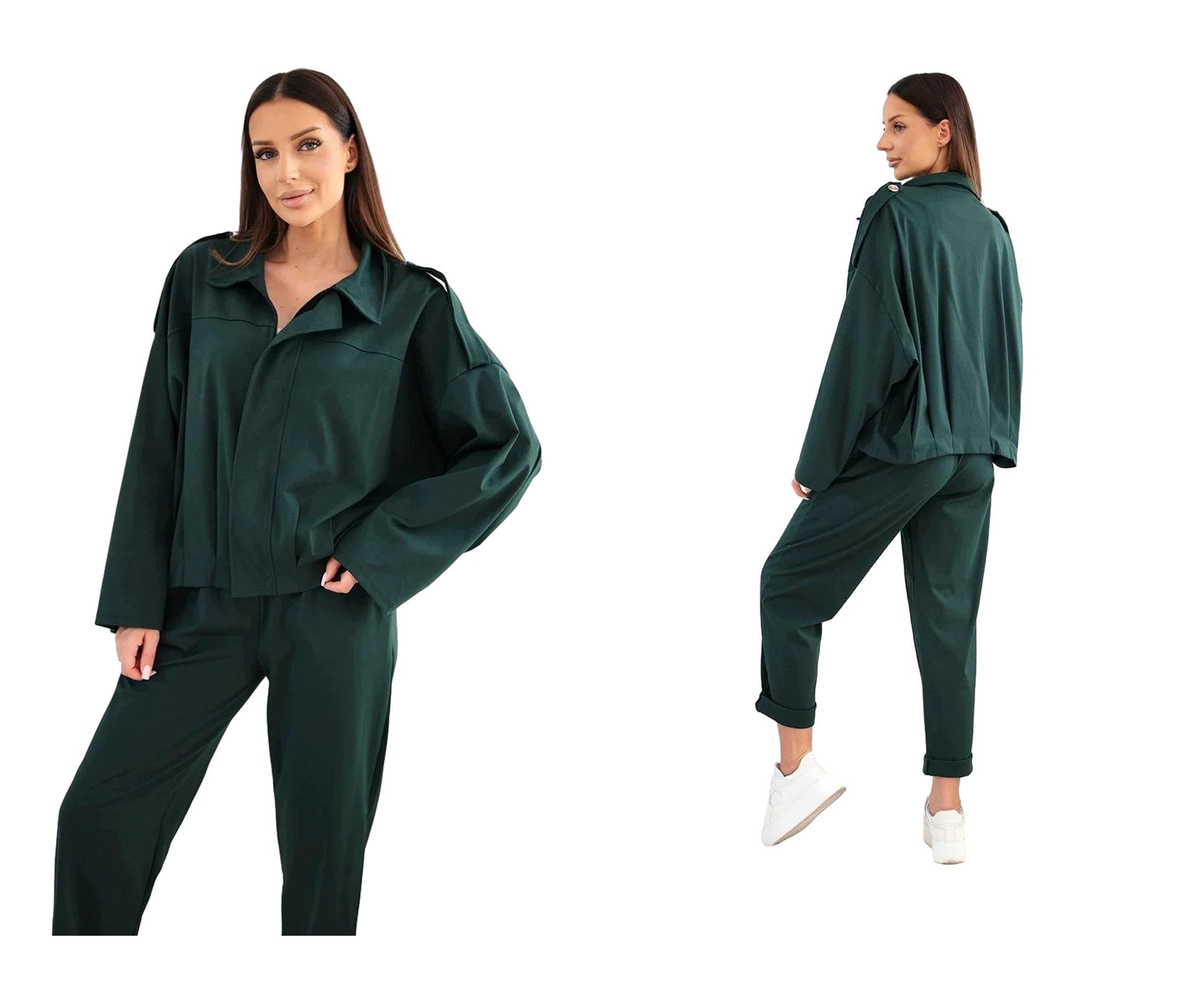Komplet oversize mikina na zip a kalhot s kapsami, tmavě zelený