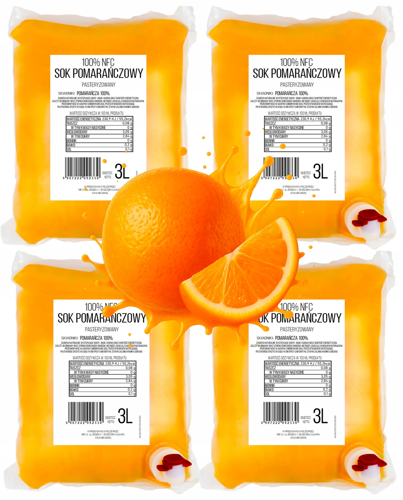 Sok Pomarańczowy Tłoczony 100% Nfc Pure Press Zestaw 4 x 3L