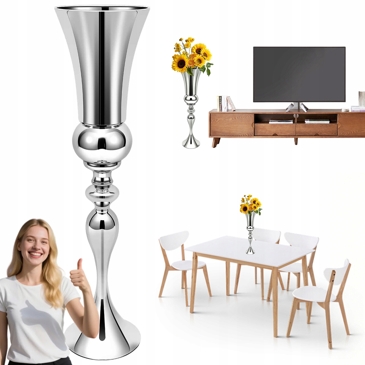 Váza Na Květiny Kovová Sada 1 Kusů 20X74 CM Stříbrná Pro Zdobení Stolů