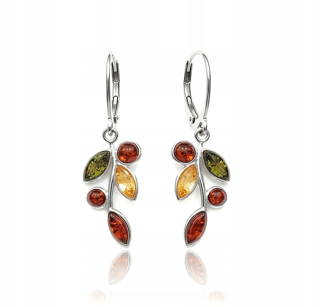 Stříbrné Náušnice Větvička Barevný Jantar Stříbro 925