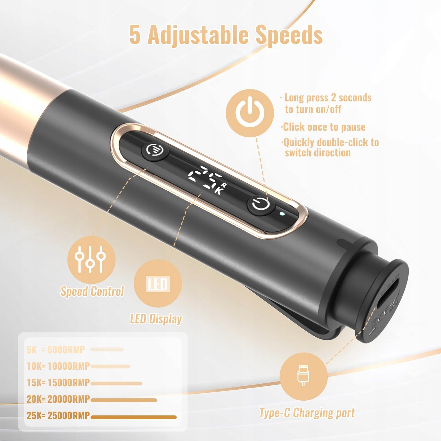 DENABUTY Elektryczna Frezarka Do Paznokci 12w1 25000 RPM USB Czarne — miniatura 4