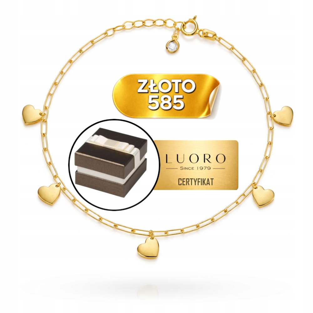 Náramek Zlatý 585 14K Podlouhlé Srdíčkové Články Nastavitelný 22 CM