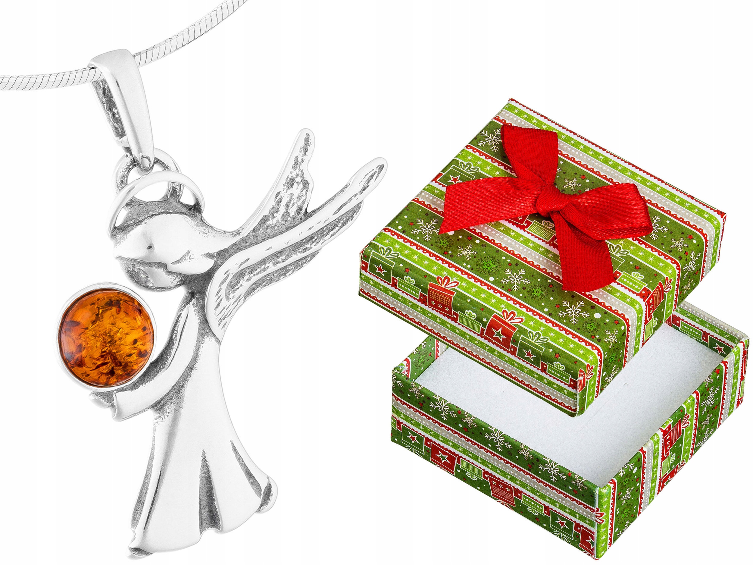 Krátký Stříbrný Dámský Náhrdelník Andílek s Jantarem Anděl strážný Choker 35