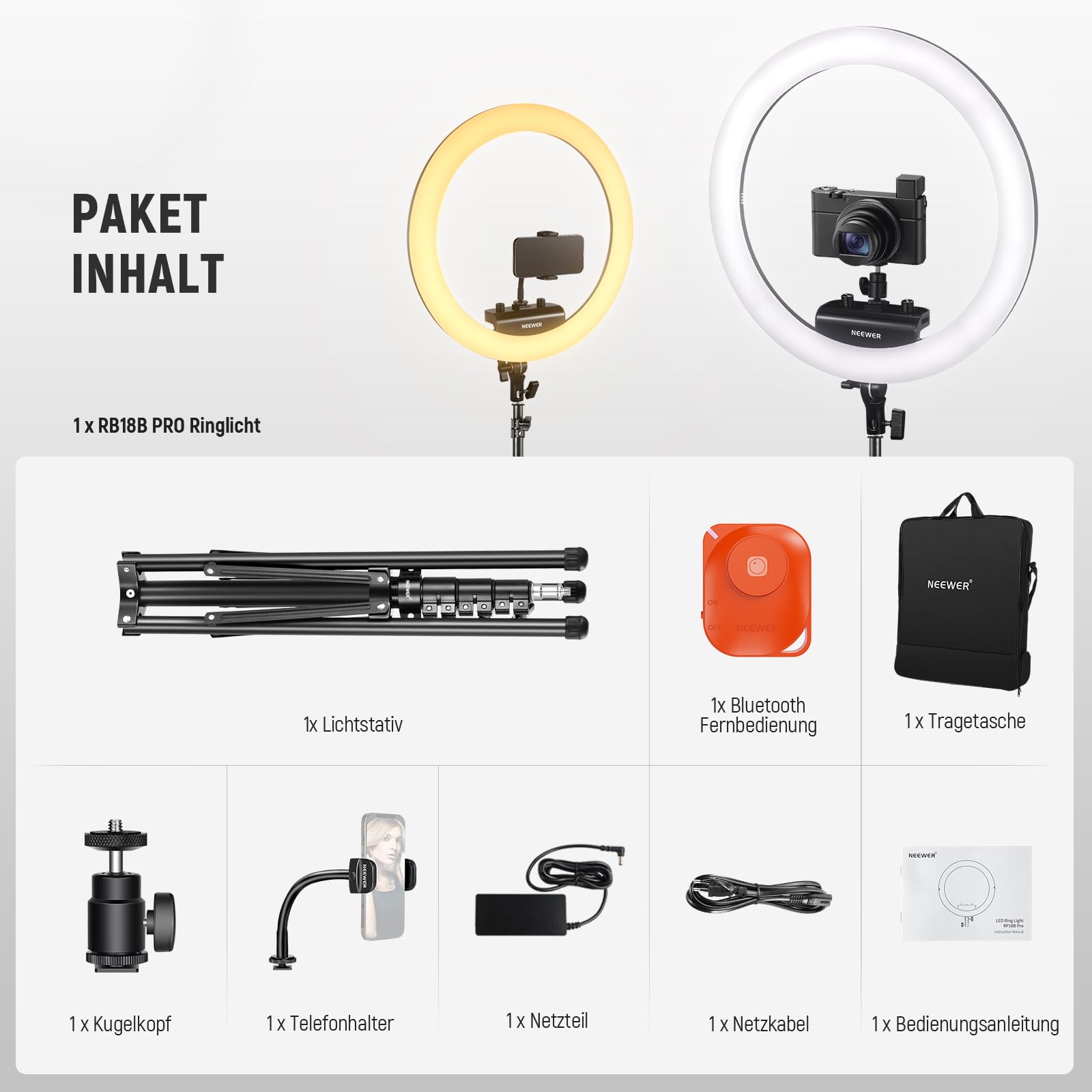 NEEWER Profesjonalne Ring Light 18 Cal 45W Stojak Uchwyt Telefonu Aplikacja — miniatura 9