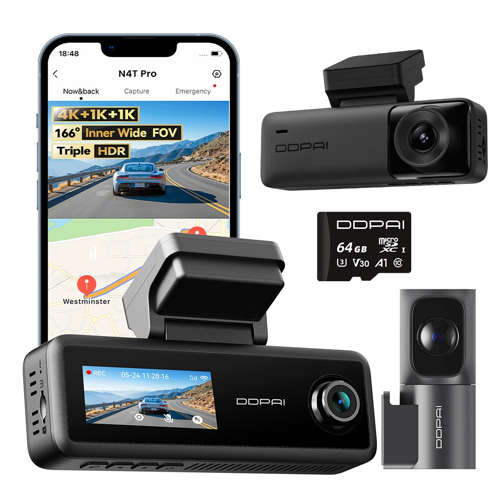 Wideorejestrator Ddpai N4T Pro Kamera Samochodowa 4K Przód Tył Wnętrze 64GB