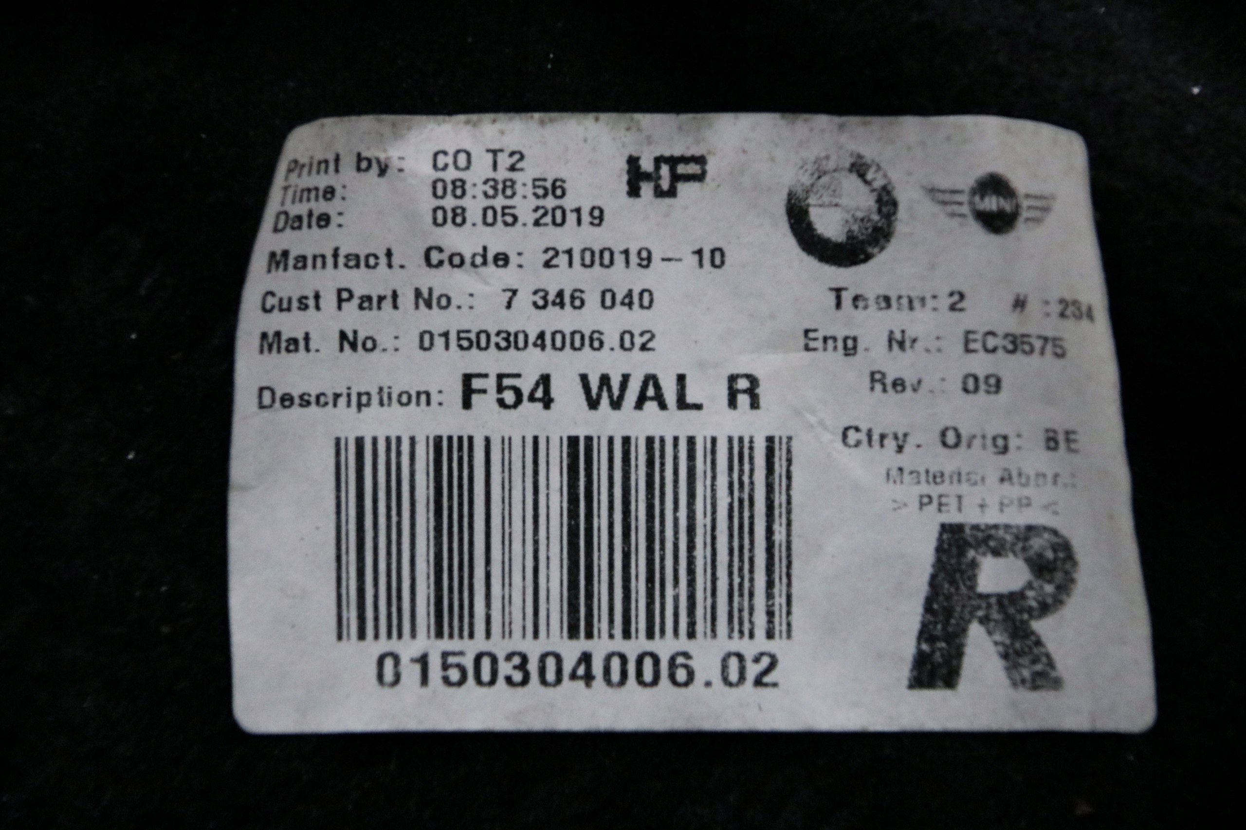 MINI F54 mudguard right rear part right rear. 7346040