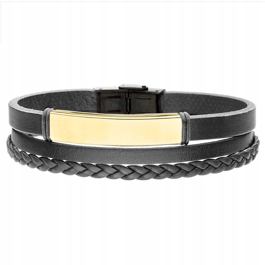Pozlacený pánský náramek na černém řemínku z ocel Gravírování