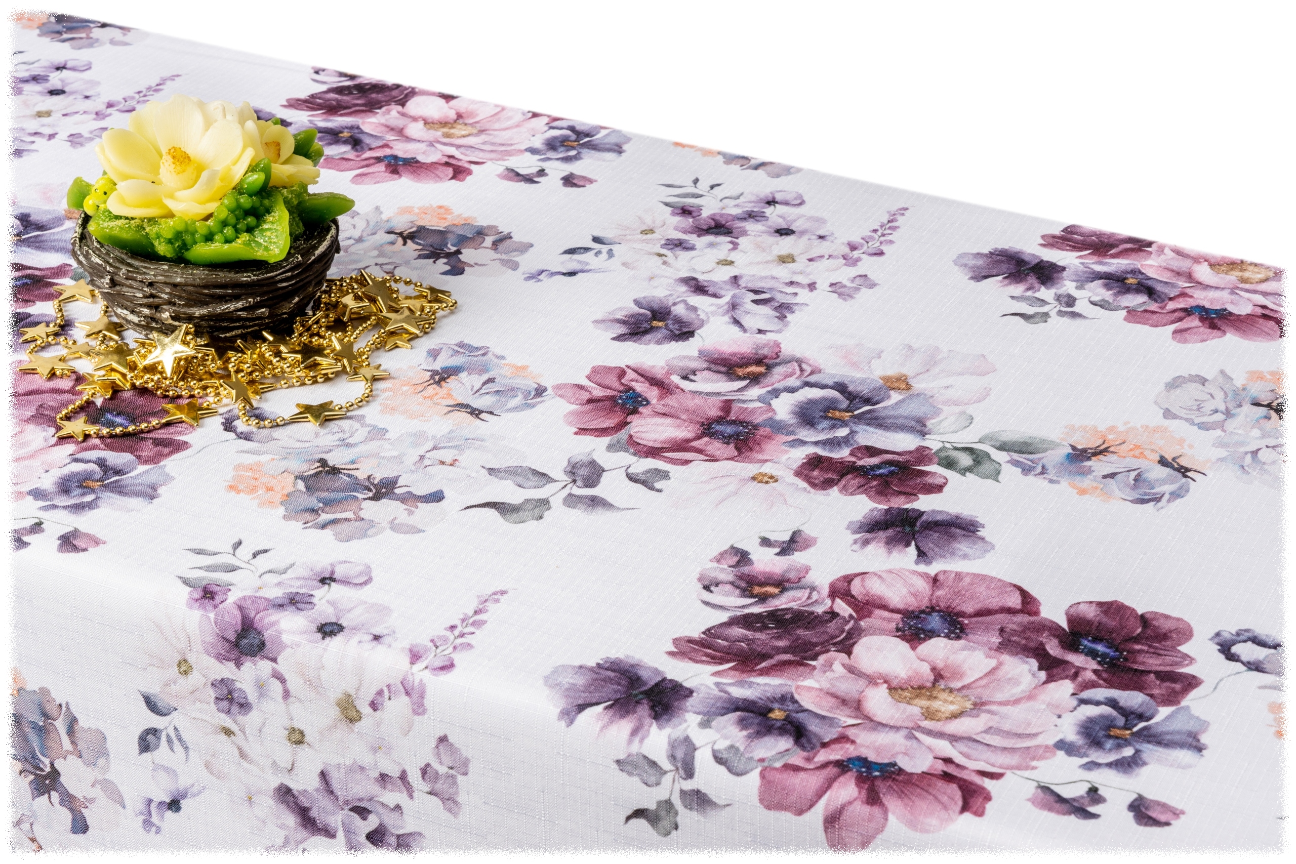 Plamoodporny obrus Kwiaty cr026 150x290 biały Styl