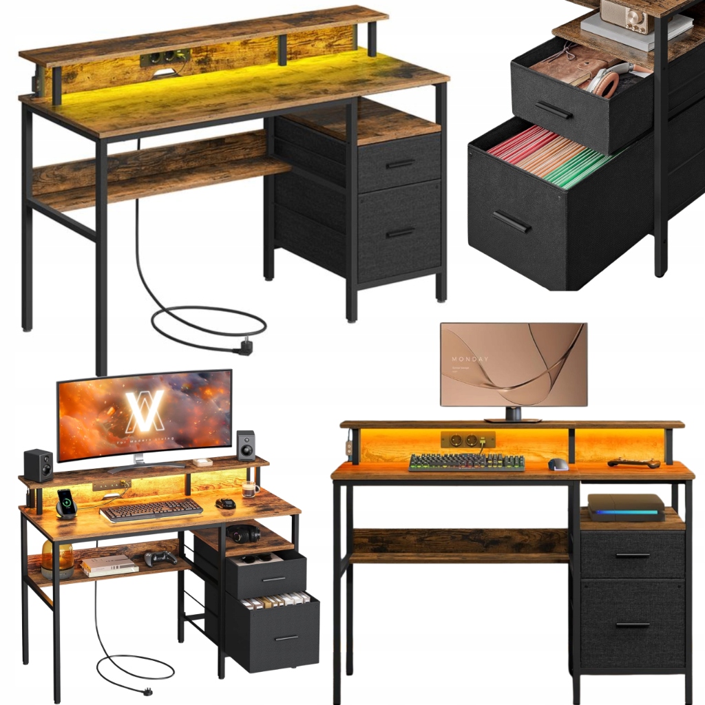 Počítačový stůl s Led zásuvkami Stojan na monitor Nabíjecí stanice Loft