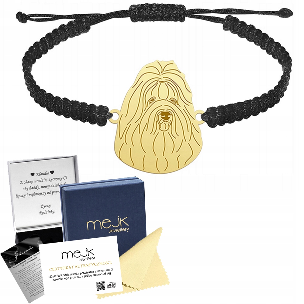 Zlatý náramek s psem Coton de Tulear 925 Makramé Dárek Gravírování Bonus