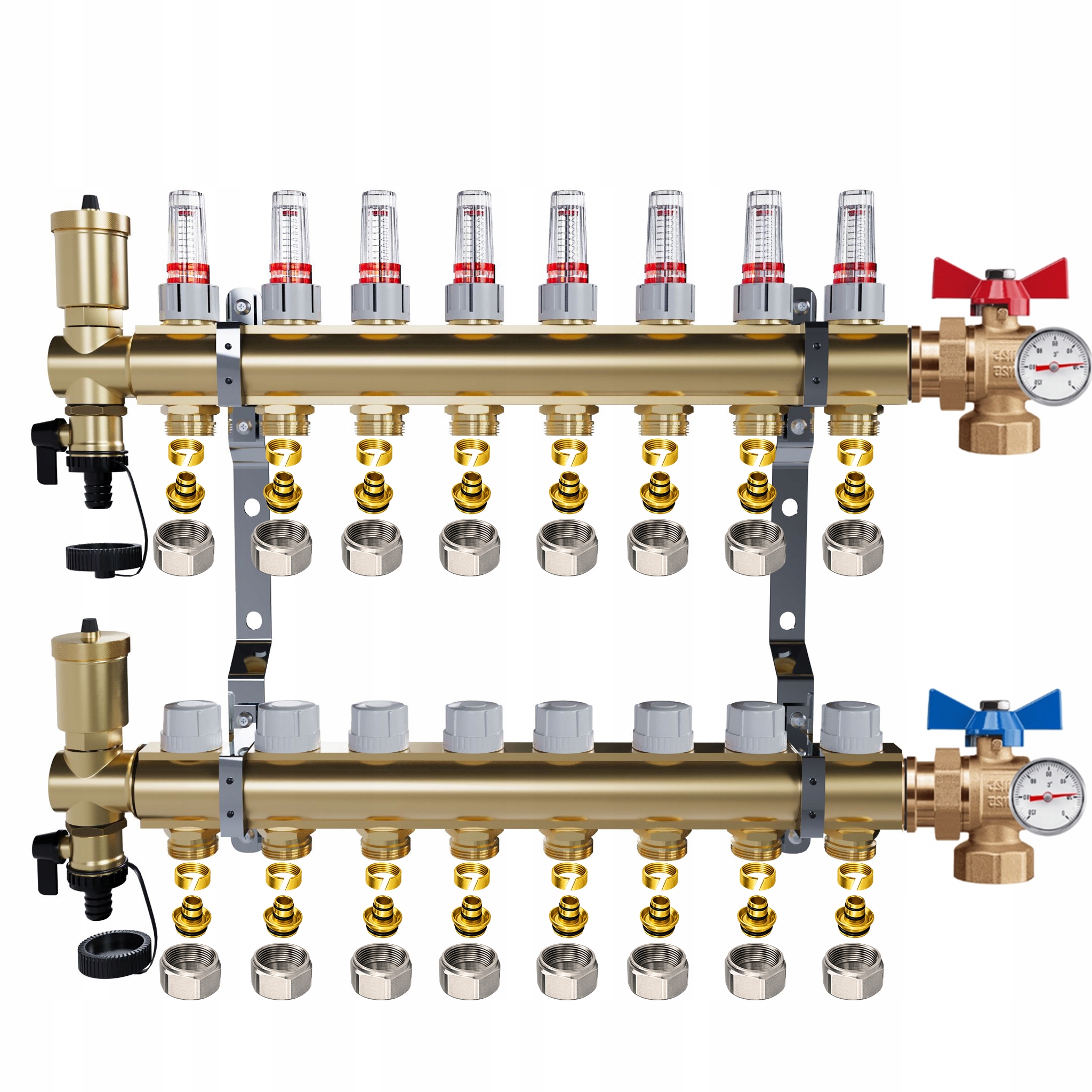Rozdělovač mosazný podlahový 8 okruhů Kulové ventily Teploměr Pex