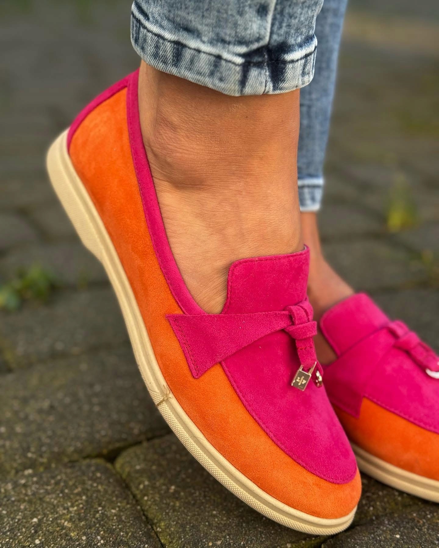 Mokasíny z prémiové přírodní semišové kůže oranžová-růžová Alexio vel.41