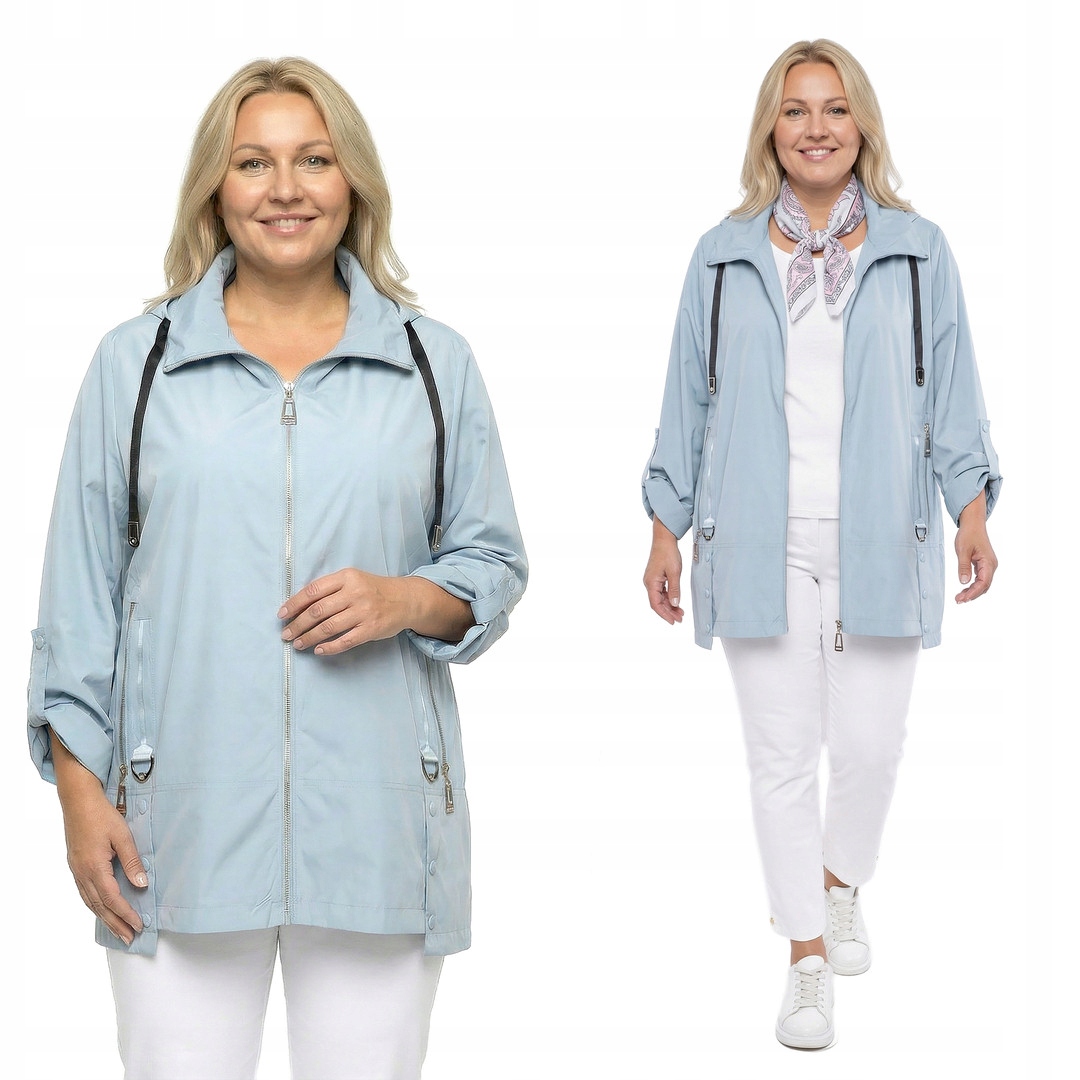 Světle modrá bunda s lesklým zipem plus size, velikost 62
