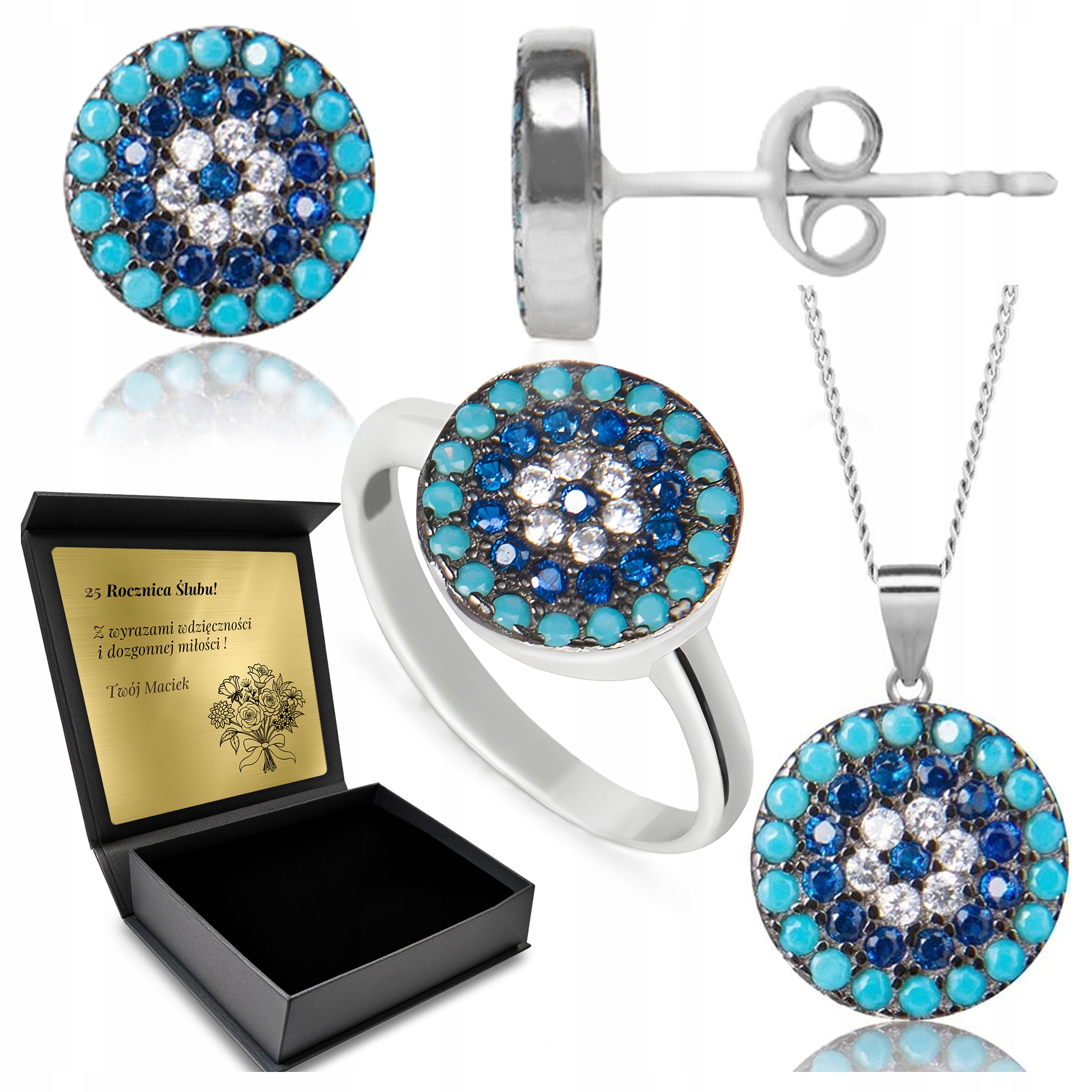 Sada stříbrných tureckých šperků Oko proroka s zirkony Krásný Gravírování