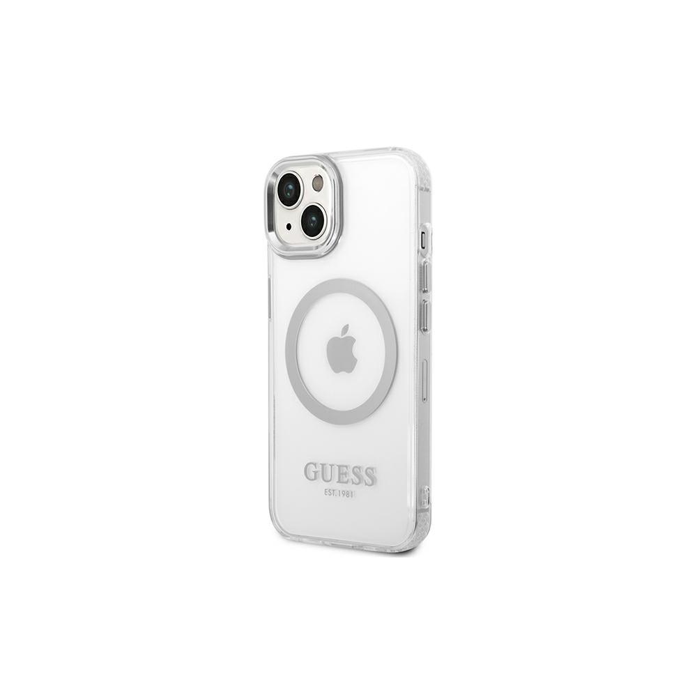 Guess Metal Outline MagSafe Pouzdro pro iPhone 14 Pro průhledný, stříbrné